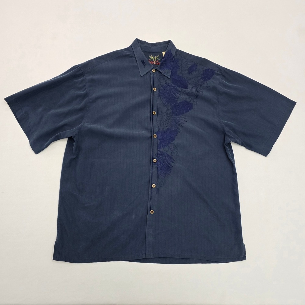 Bamboo Cay Mens XL Navy Blue Embroidered Tropical Leaf Silk Blend Camp Shirt